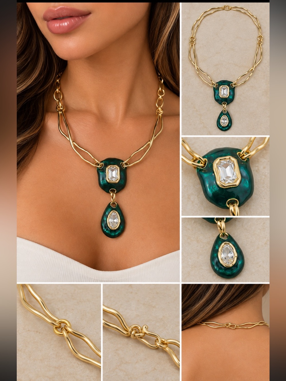 Gold Chain Necklace with Emerald Green Gem Pendants